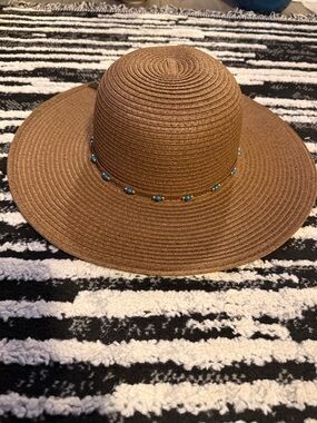 Brown Wide-Brim Straw Sun Hat with Turquoise Bead Trim